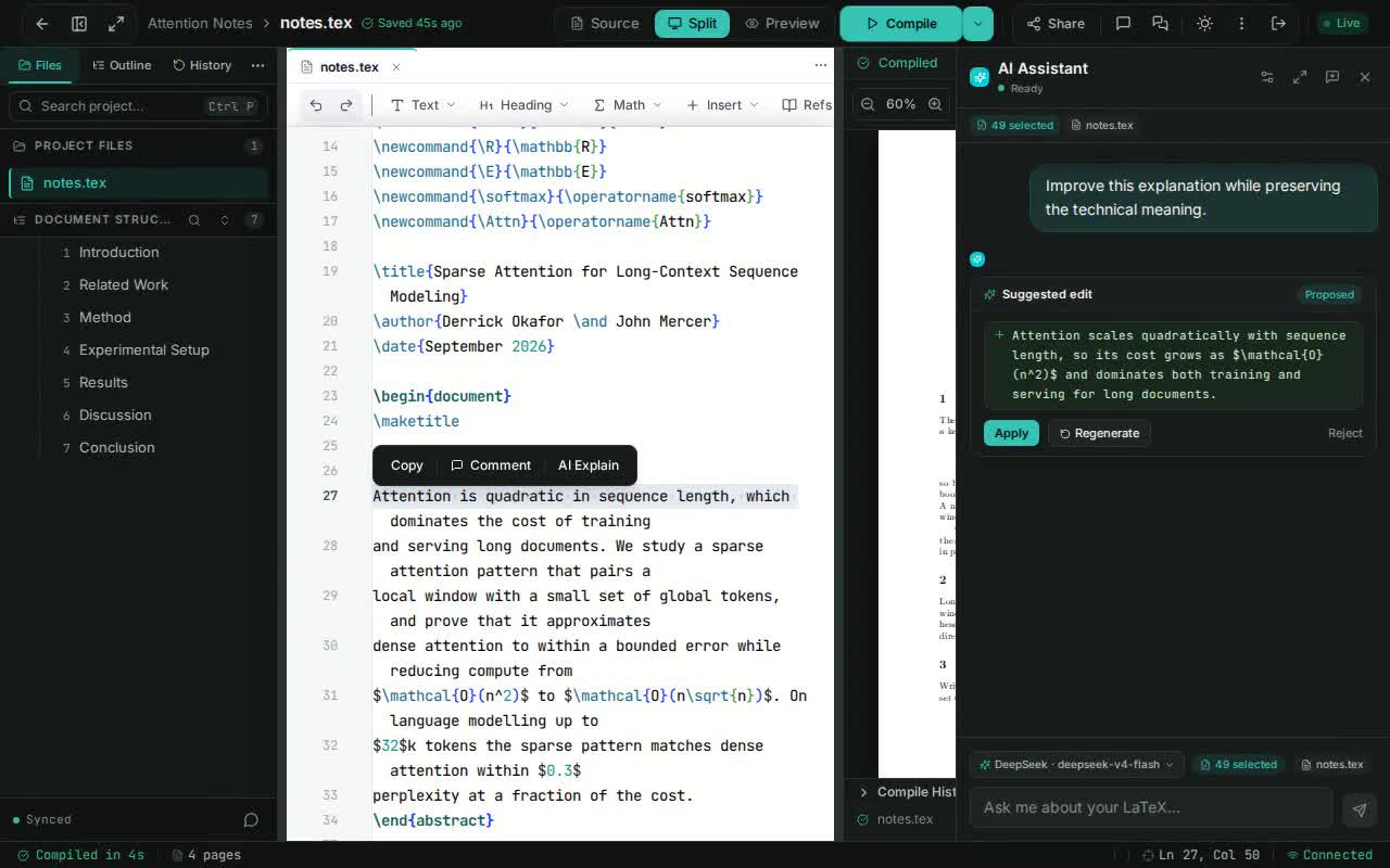 TexStylus AI explaining a selected paragraph and returning a document-aware answer