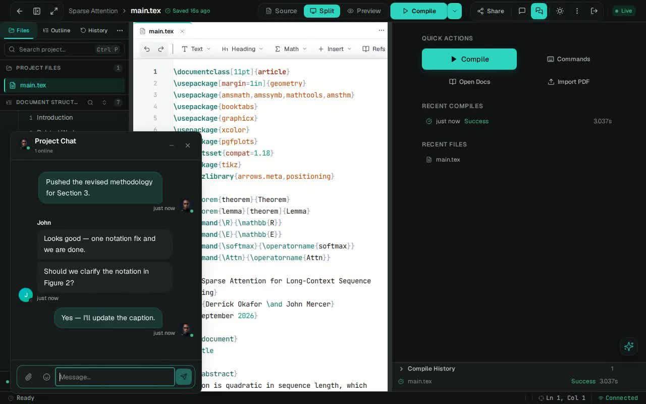 A live project chat between two co-authors with typing indicators