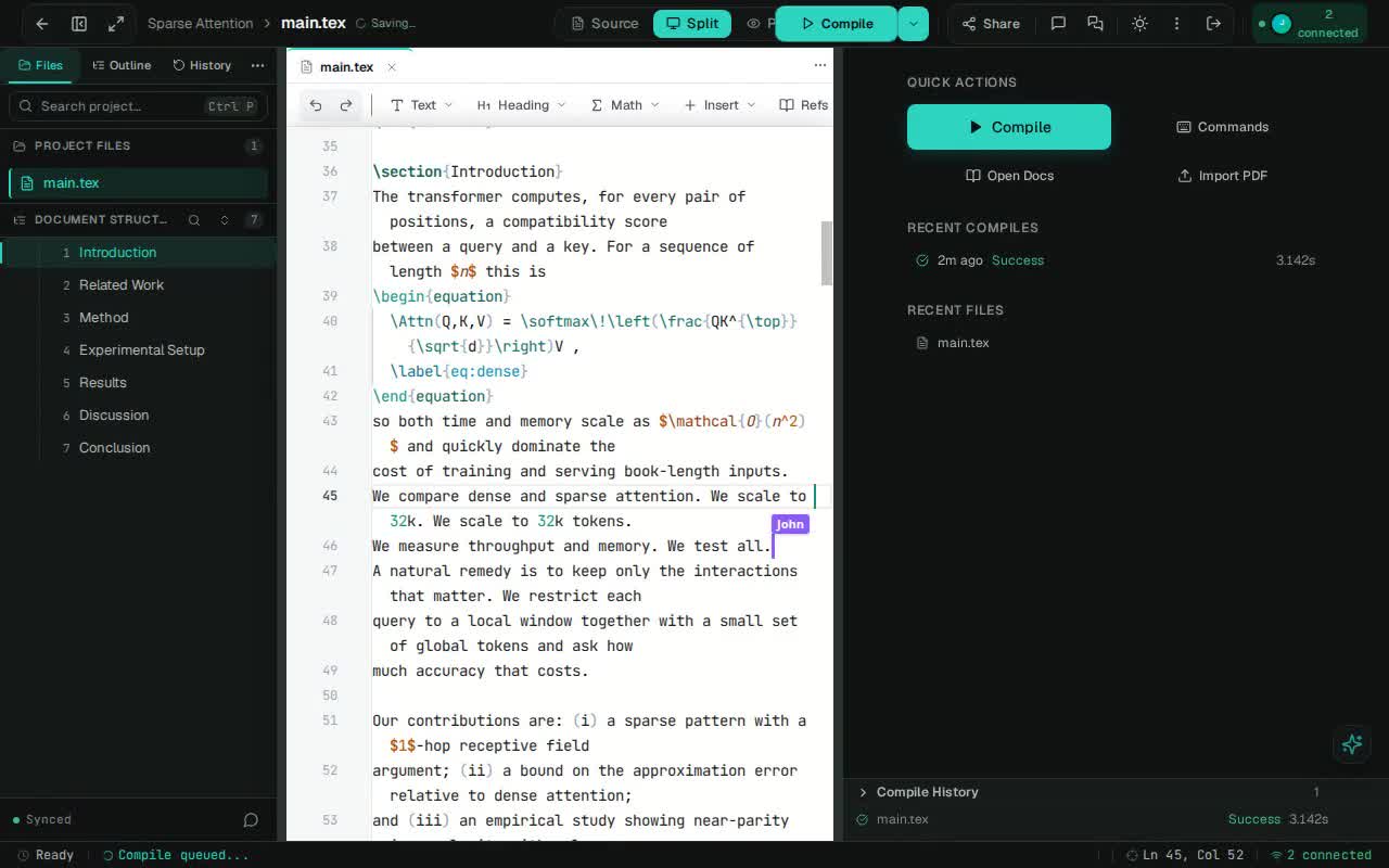 Two co-authors editing the same LaTeX file with live cursors