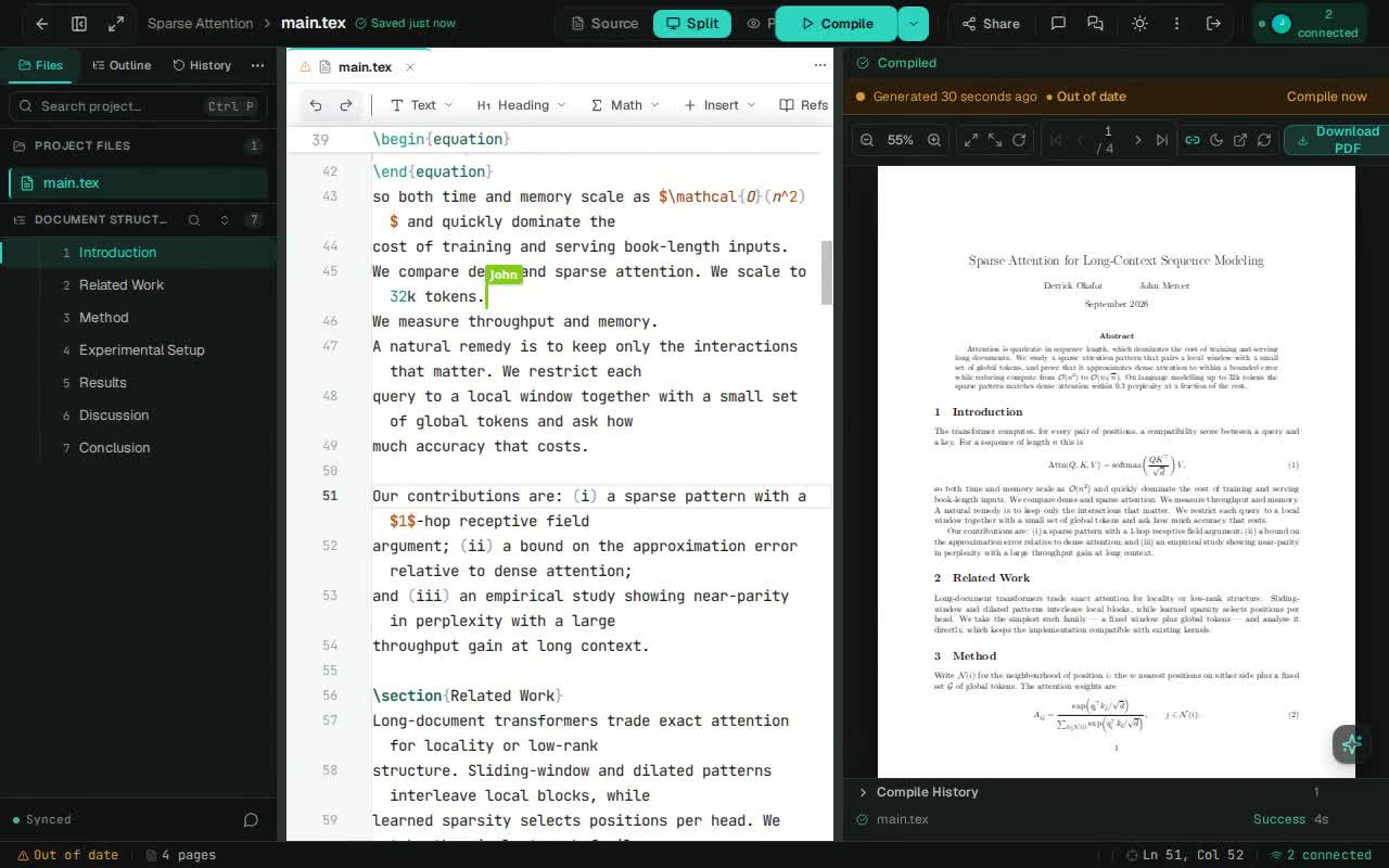TexStylus workspace showing a co-author cursor and a compiled PDF