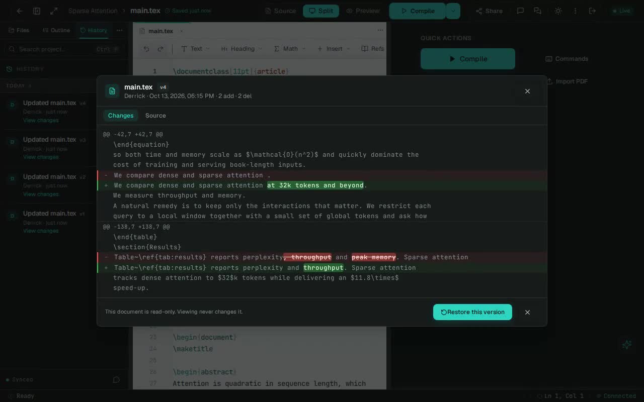 Version history with a meaningful source diff between two revisions
